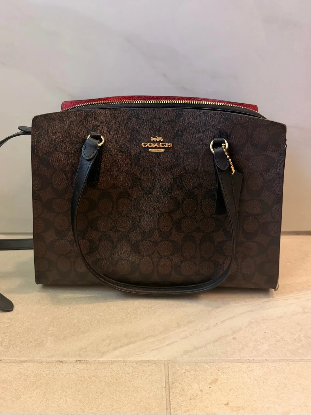 COACH Tatum  Brown Signature Crossbody Tote with Red Zip Accent